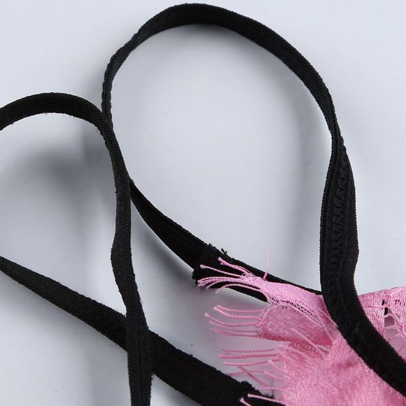 Pink and Black Spaghetti Strap Eyelash Lace Bra Set Garter and Panty L… - Picture 9 of 13